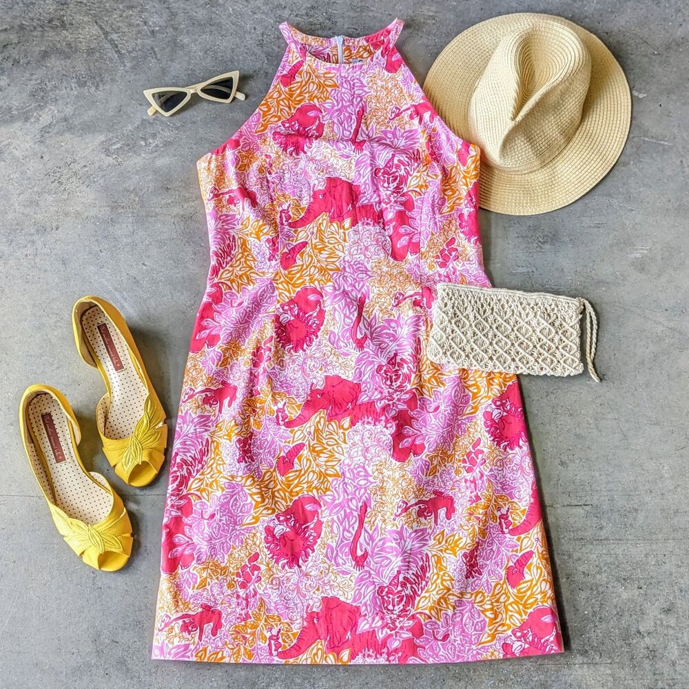Vintage Lilly Pulitzer Poppy Pink Party Animals Dress High Neck Sheath Dress